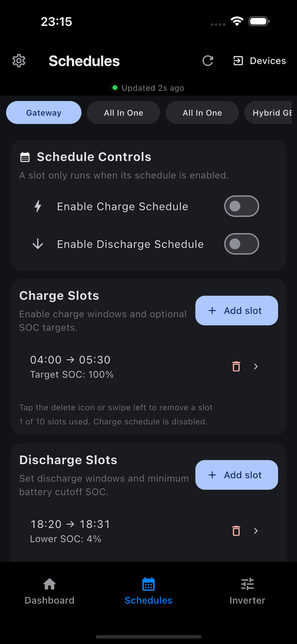 Charge and discharge schedules
