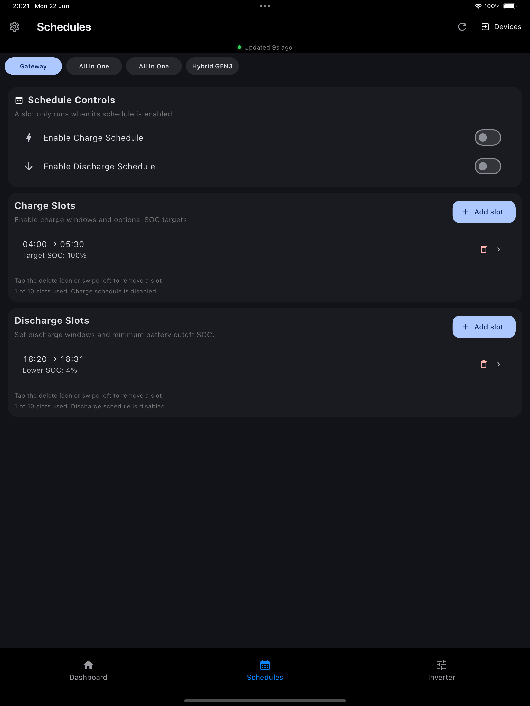 Charge and discharge schedules on iPad