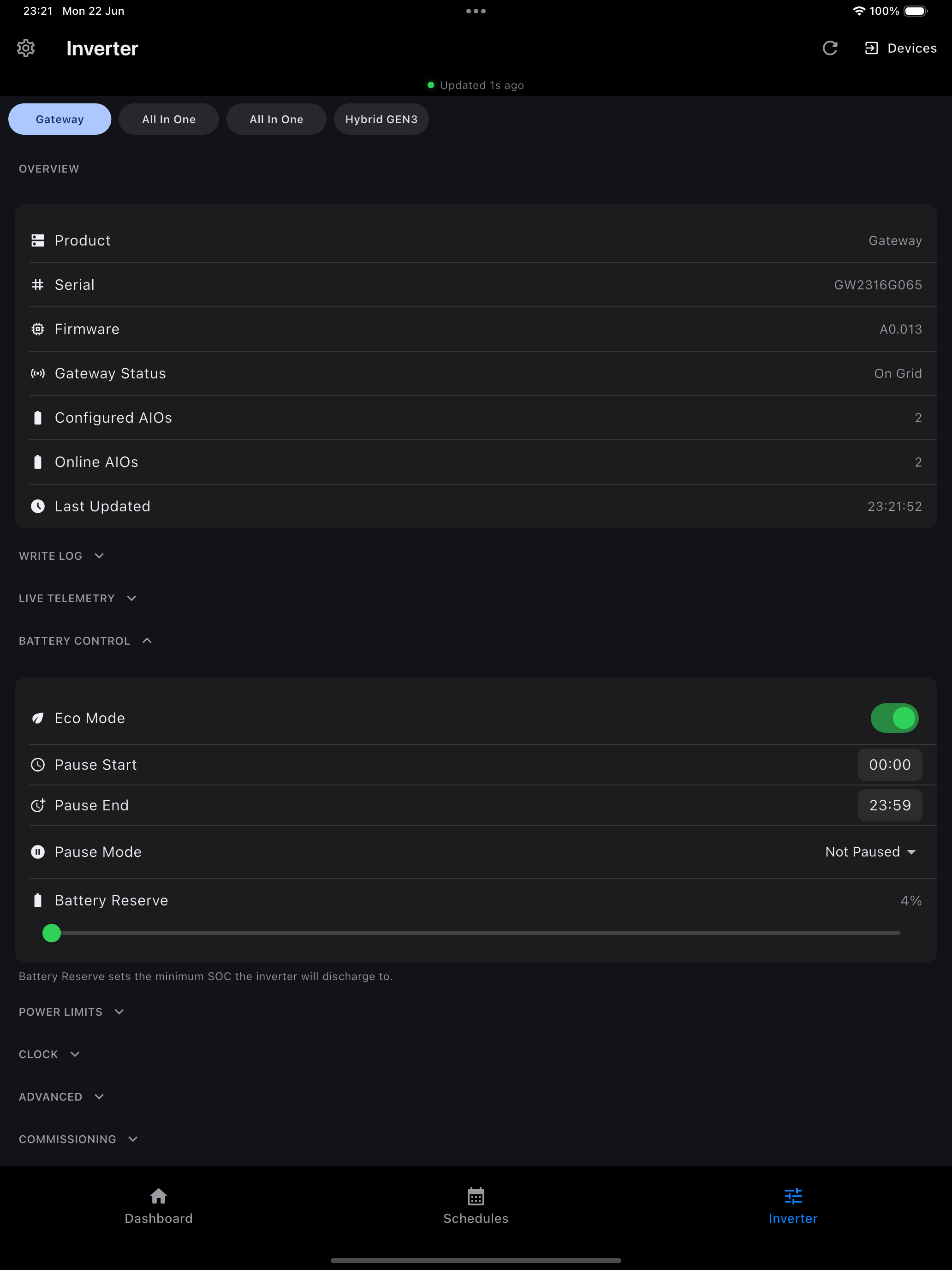 Inverter settings on iPad